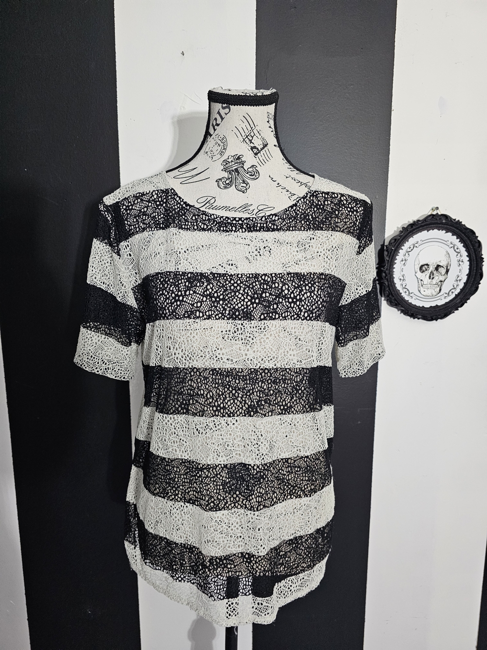 Cobweb Net Striped Lace Short-Sleeve Top - Black & White